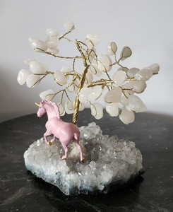 Brazilian Rose Quartz Gemstone Tree & Unicorn on Amethyst Cluster Crystal Decor