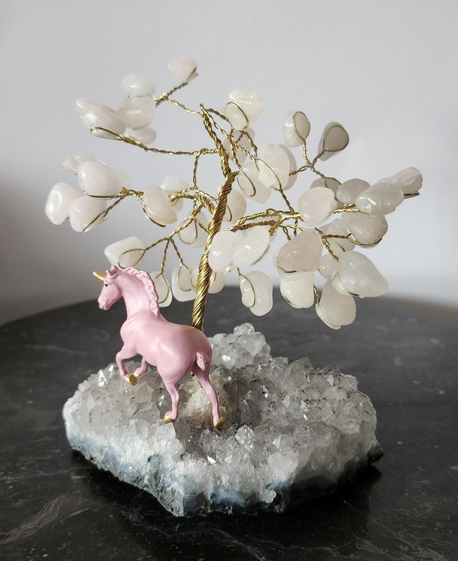 Brazilian Rose Quartz Gemstone Tree & Unicorn on Amethyst Cluster Crystal Decor