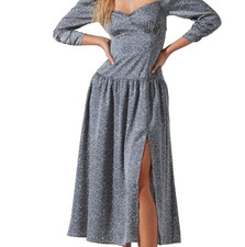 ASTR The Label Sweetheart Smocked Dress S Floral Milkmaid Peasant Cottage Blue