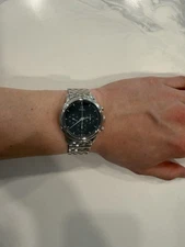 OMEGA Stainless Steel Chronograph Wristwatch Black Dial Silver Bracelet Luxury