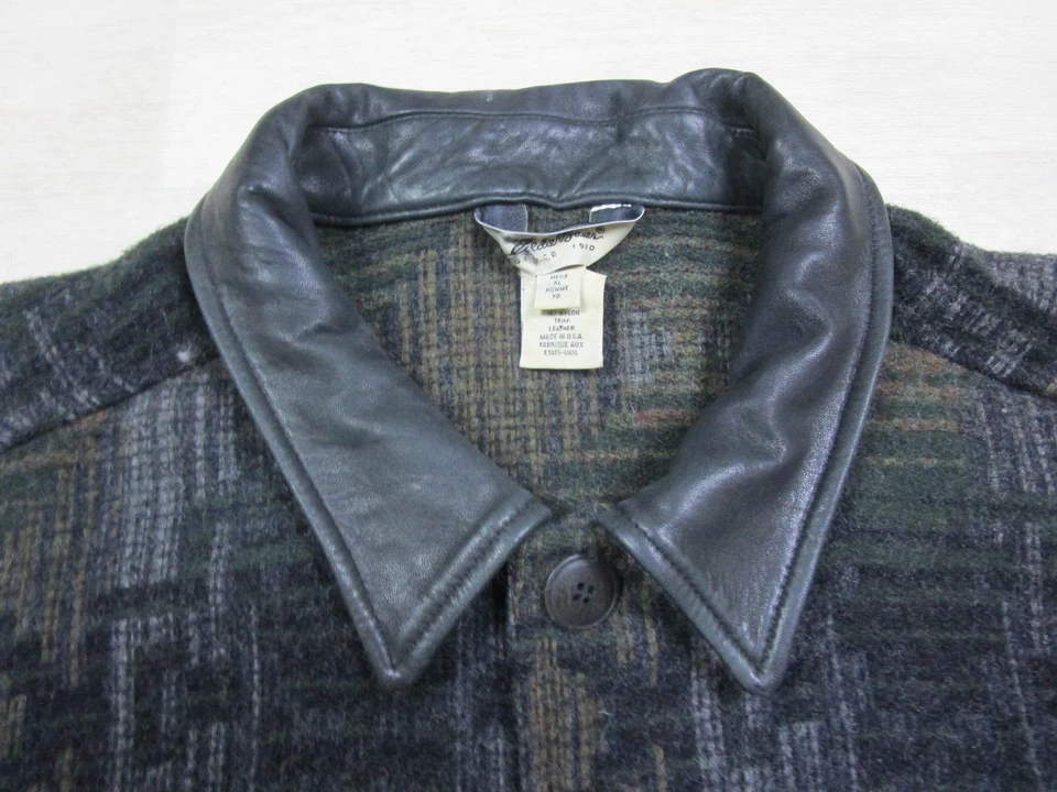 Eddie Bauer Wool Jacket Tweed Leather Collar VTG USA Made Long Overcoat Mens XL - Image 4 of 4