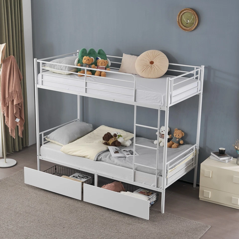 Metal Twin Over Twin Bunk Bed w/ Two Storage Drawers & Full-Length Guard Rail UK