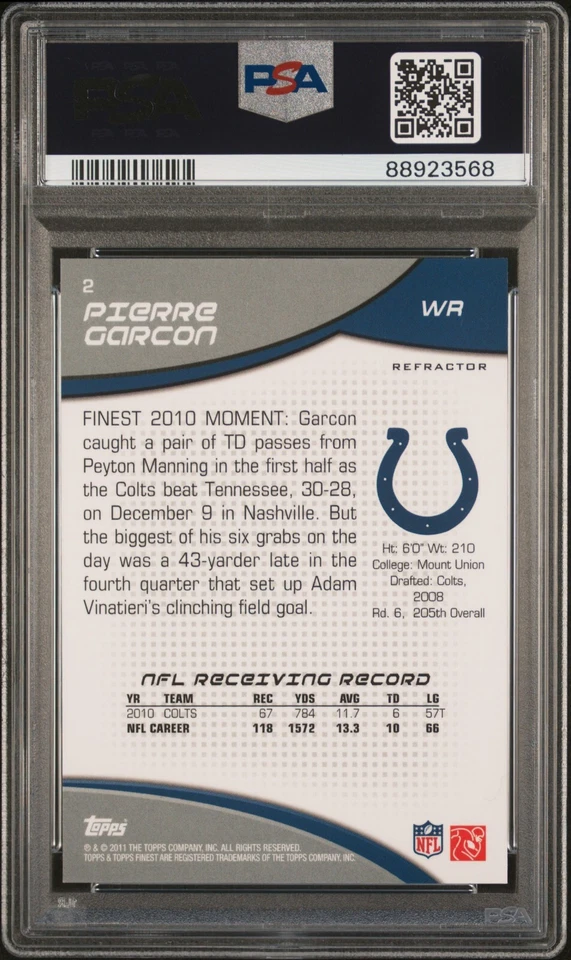 2011 Topps Finest PIERRE GARCON Red Refractor /25 PSA 10 GEM MINT Colts SP POP 1 - Image 2 of 2