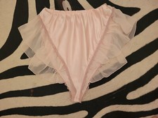 Vintage Flutter Pink Satin Panties Chiffon Ruffle Shiny Silky Hi Cut Sissy SMALL