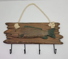 Rustic Wooden Fish Wood Plaque Wall Hanging Key Hat Rack 4 Hook Cabin Man Cave 
