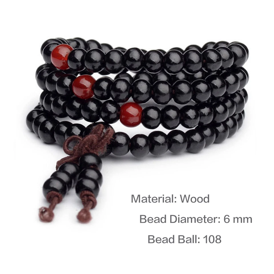 Mala bracelet bois de santal bouddha 108 perles bois prière perles noir - Photo 3/4