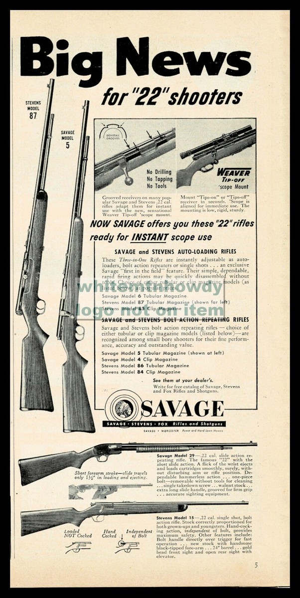 1954 SAVAGE Model 5 STEVENS 87 .22 Rifle PRINT AD Vintage Gun