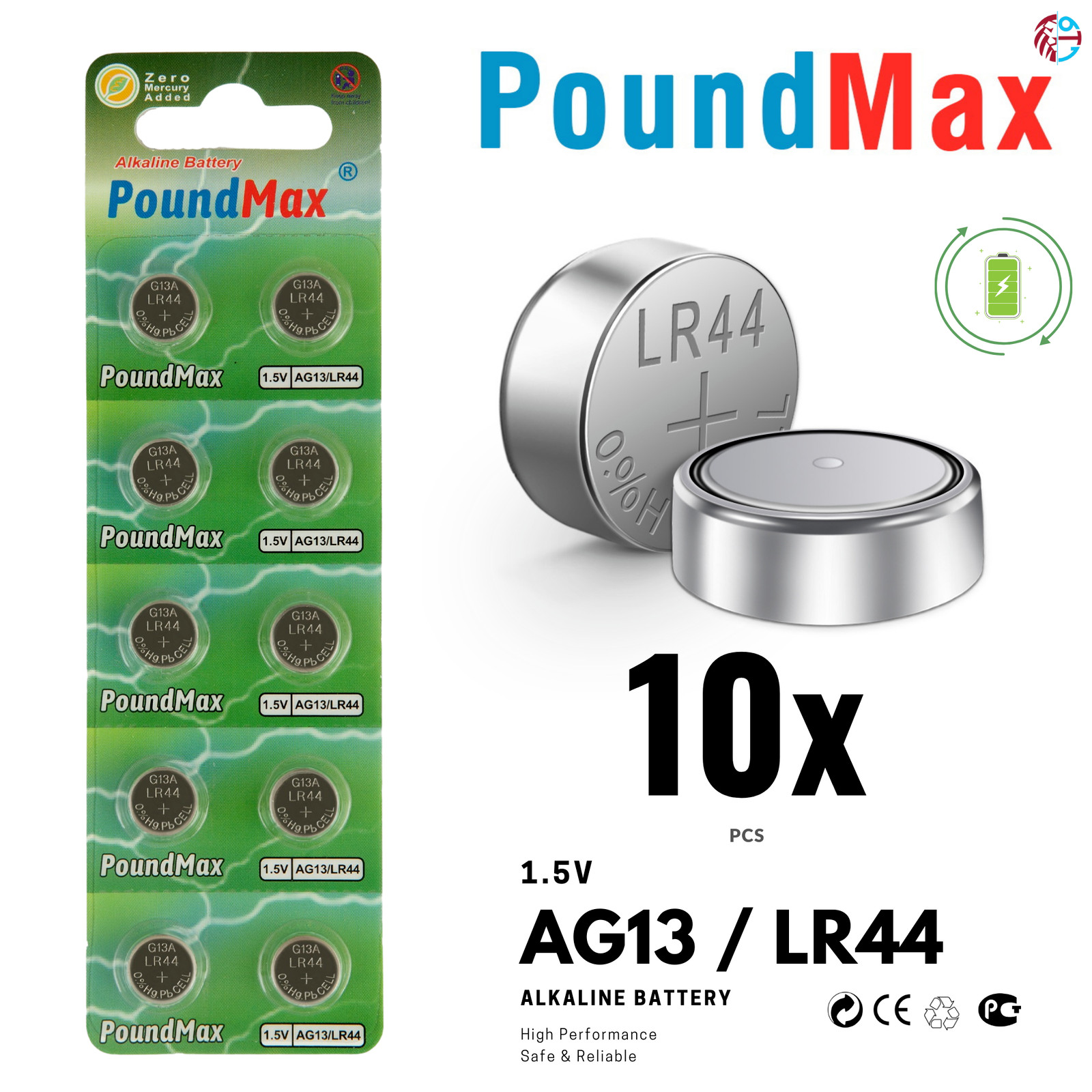 10 X AG13 LR44 SR44 L1154 A76 1.5V PoundMax ALKALINE BUTTON BATTERIES