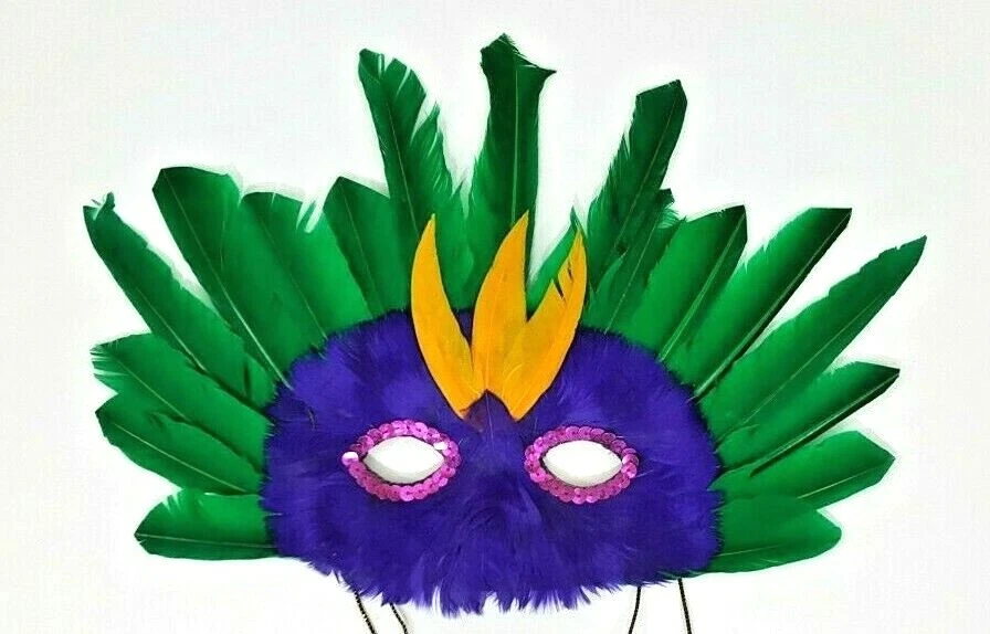 Mardi Gras Mask Purple and Green With Pink Sequins Multi Colored Feathered - Image 2 of 4