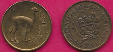 PERU 1/2 SOL DE ORO 1974 WITH PAREJA,LLAMA (VICUNA)FACING RIGHT,LARGE COAT OF AR