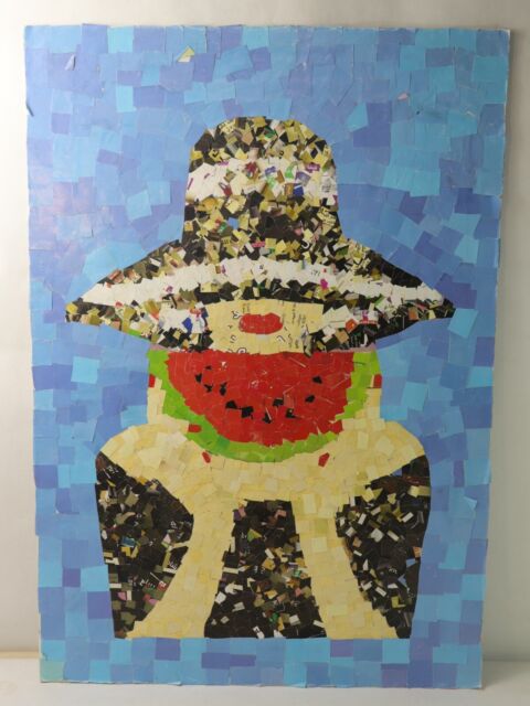 Fashionable Woman Eat Watermelon Art Collage Painting Original Signed Painting