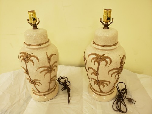 VINTAGE Pair Hollywood Regency Faux Bamboo Beige Icing Palm Table Lamps~19" Tall - Picture 3 of 12