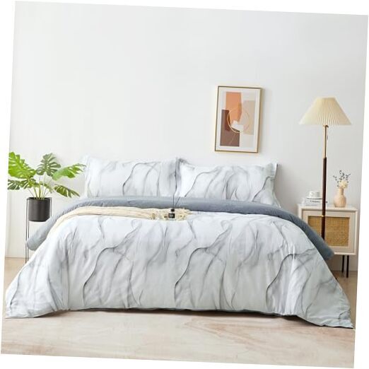 Marble Duvet Cover Set 2pcs Size 100% Cotton White Gray Comforter Twin Romance