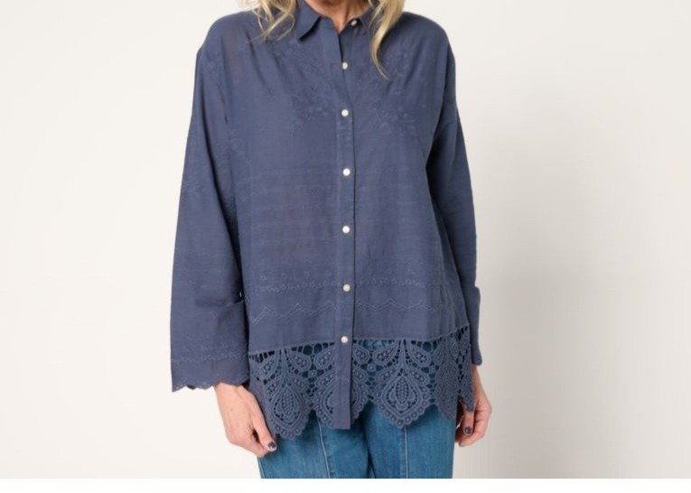 Logo Lori Goldstein Size 2X Indigo Blue Cotton Embroidered Shirt A683852 NWOT
