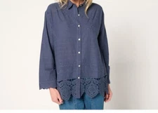 Logo Lori Goldstein Size 2X Indigo Blue Cotton Embroidered Shirt A683852 NWOT