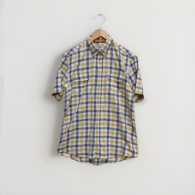 Camel Active Shirt Mens Medium Yellow Check Regular Short Sleeve Cotton Summer