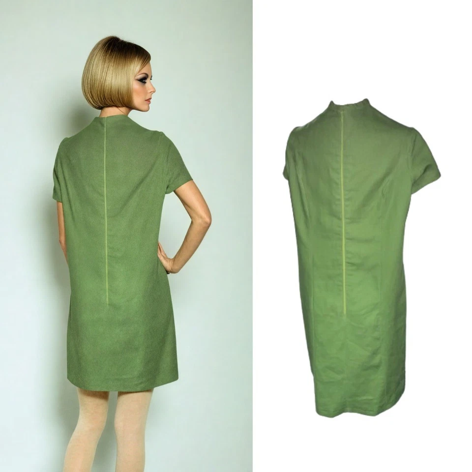 VINTAGE 60s 70s Linen Shift Dress UK 12 14 Apple Green Bespoke Retro Mod 1960s - Image 4 of 4