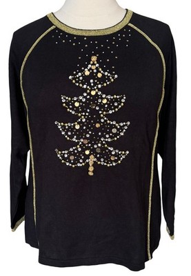 Quacker Factory Gold Tree Metallic Tunic Sweater Sequins Beads Black Plus 1X NWT