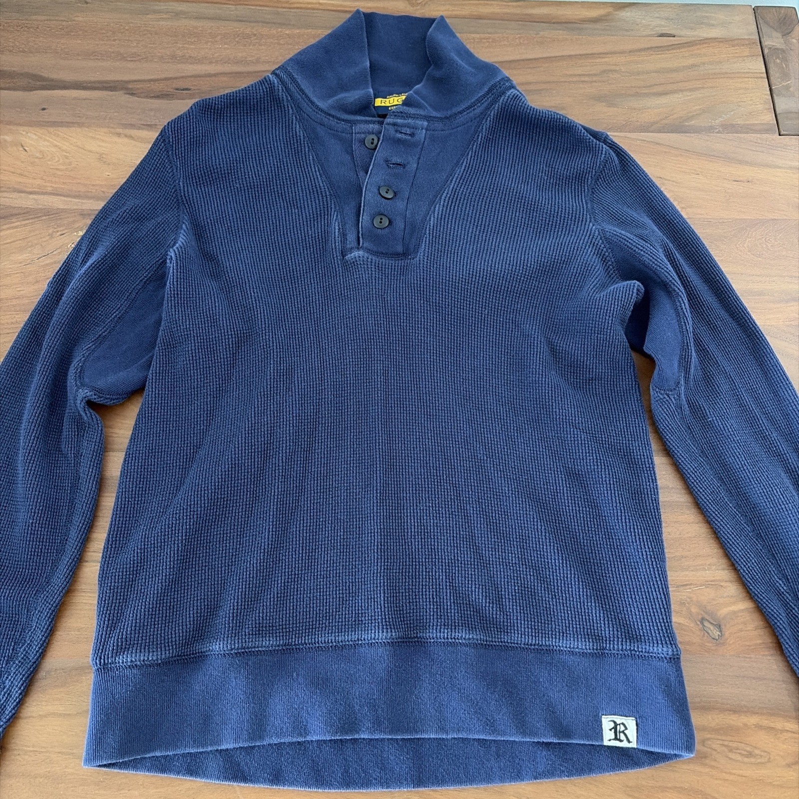 Polo Ralph Lauren Rugby Waffle Knit Shawl Pullover Sweater Shirt Men's L Navy