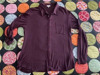 Splendid Burgundy Button Down Jersey Roll Tab Blouse Large New
