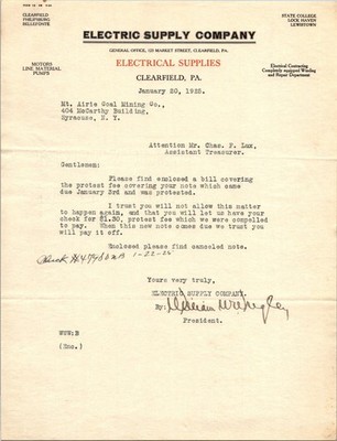 1925 Electric Supply Company Letter Clearfield PA Coal Mining Ephemera Signed