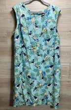 Jessica London 18W Linen Blend Dress Turquoise Floral Bird Print Lined