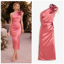 Dolce & Gabbana Silk One Shoulder Midi Dress Floral Appliqué Pink IT 40 US 4 🟡