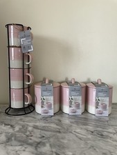 Crofton Set Of 4 Pink Stacking Mugs With Stand & A Set Of 3 Ribbed Canisters