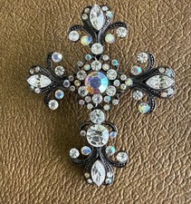 Rhinestone Cross Brooch Pendant Pin Silver tone Gunmetal White Iridescent