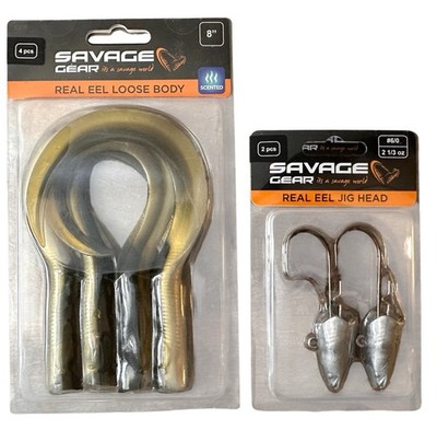 KIT Savage Gear Real EEl (4) 8'' Bodies + (2) Real EEl Jig Heads 2- 1/3oz Olive