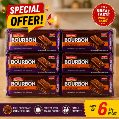 Britannia Bourbon Chocolate Creme Biscuits 97g Pack of 6 | Original Cookies New