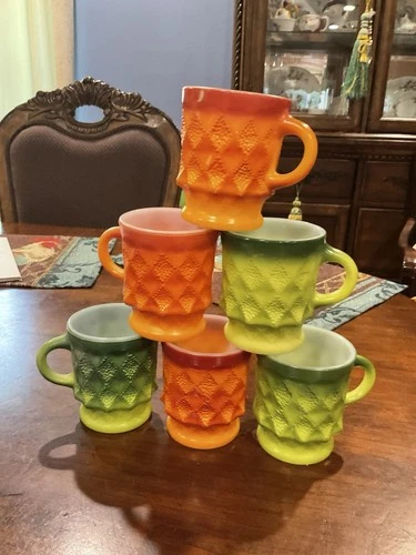 Vintage 6 Fire King Green Orange Kimberly Diamond Pattern Glass Coffee Mug Cups