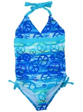 Angel Beach Girls Blue Peace Sign Swimming Suit Swim Halter Bathing Suit 1PC 4