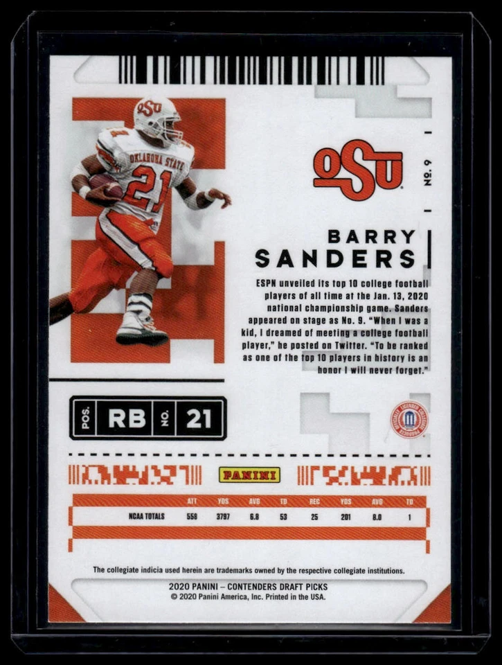 2020 Panini Contenders Draft Picks #9 Barry Sanders - Image 2 of 2