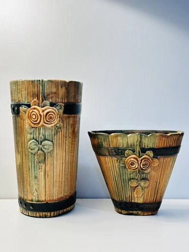 Weller Pottery “ Woodrose” Brown Vase and Wall Pocket With Rose Design In 1910