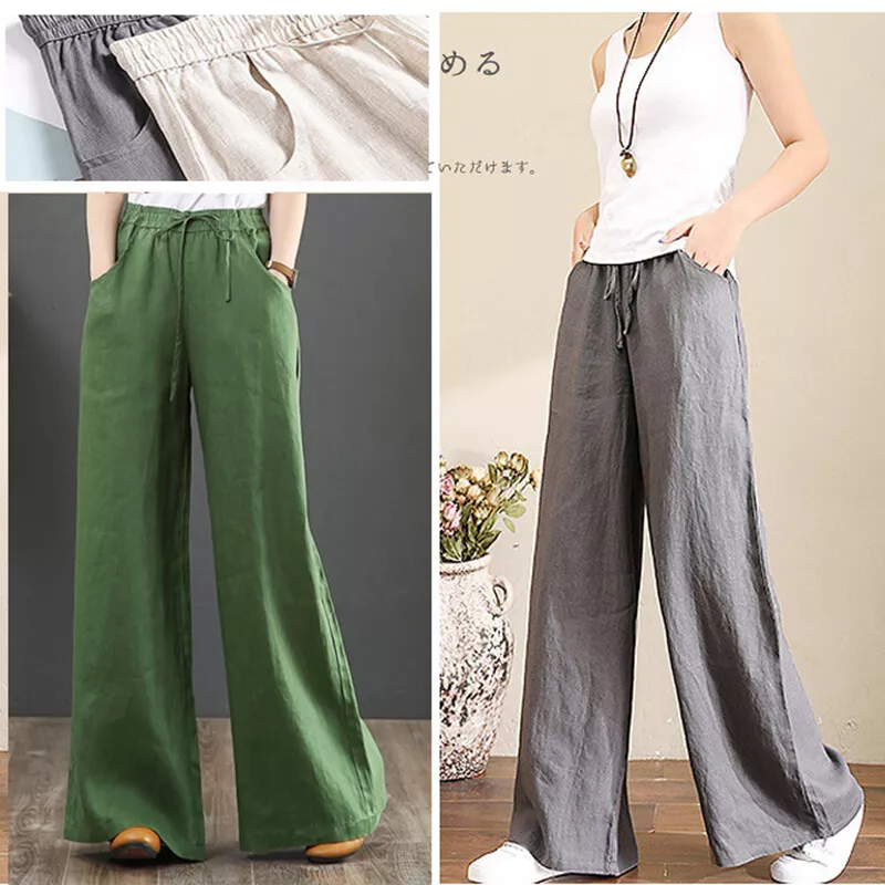 Women Baggy High Waist Loose Long Pants Ladies Cotton Linen Wide Leg  Trousers