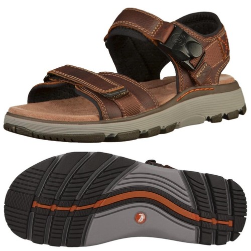 Clarks Un Trek Part FASTENING Sandals DARK TAN LEATHER Men UK