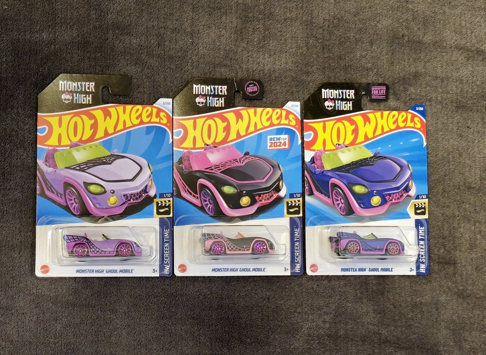 Hot Wheels 2024-2025 Black Purple Monster High Ghoul Mobile 3 Colors Set