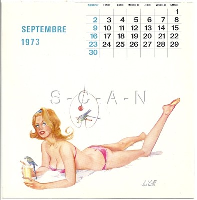 Org Vintage French Risque Pinup Calendar PC- René Caille- Afghan Dog- Oct 1973
