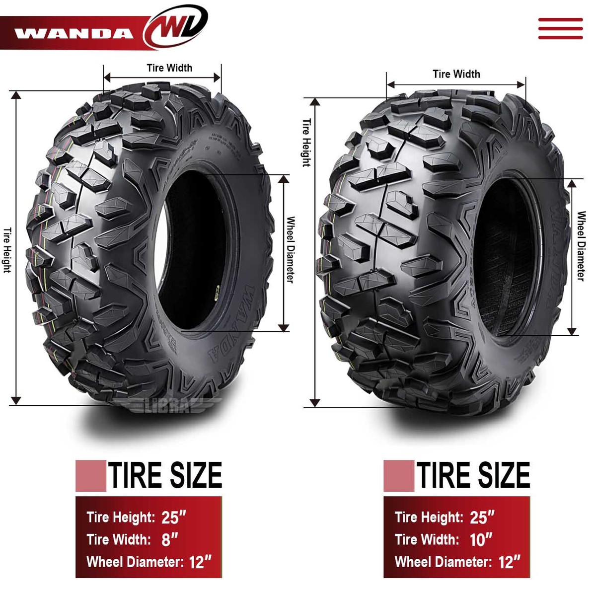 Wanda ATV/UTV Tires 25x8-12 & 25x10-12 – 4-Pack For Yamaha Rhino 450/660/700 (2004-2013), P373 - View #2