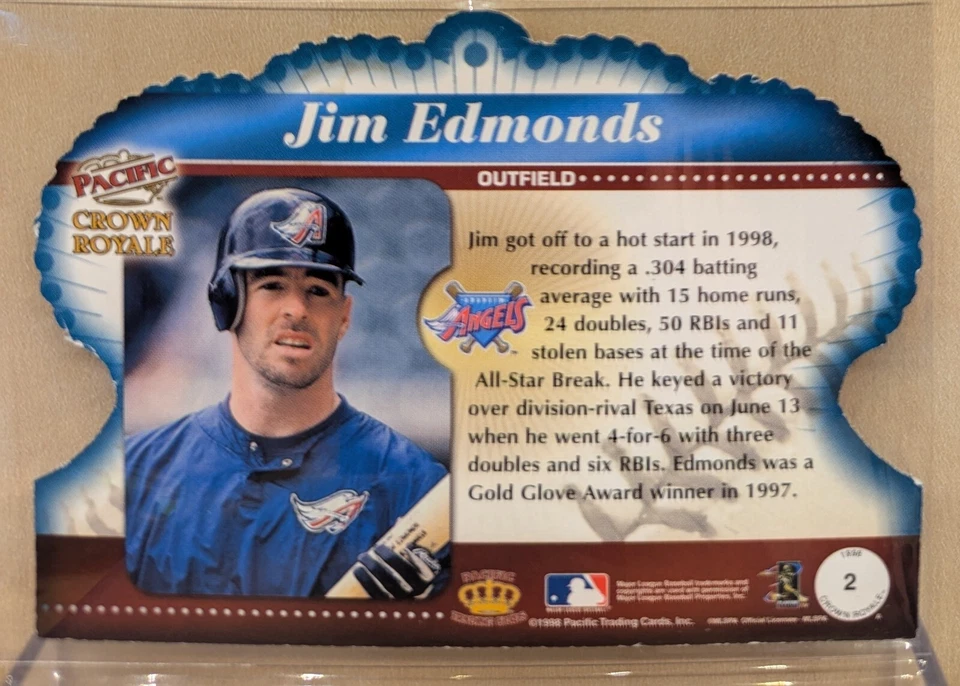 1998 Pacific CROWN ROYALE #2 Jim Edmonds Angels RARE DIE CUT HOLOFOIL - Image 2 of 2