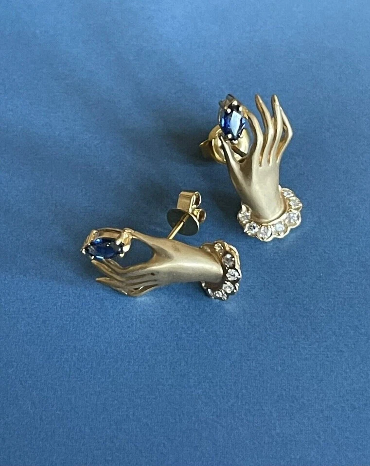 Hermosos aretes marquesa de zafiro simulado de 2 quilates enchapados en oro amarillo de 14 k Foto 3 de 4