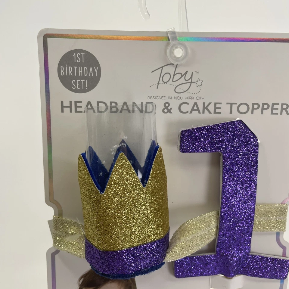 1er Cumpleaños Pastel Topper Y Corona Diadema Púrpura y Dorado Brillo Niños Mascotas Foto 2 de 4