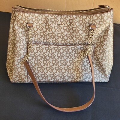 DKNY Bryant Park Logo Large Shopper Tote Shoulder Bag Brown Beige