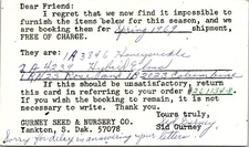 Yankton, SD Gurney Seed & Nursery Co. Notice Plant Unavailable Postal Card L500