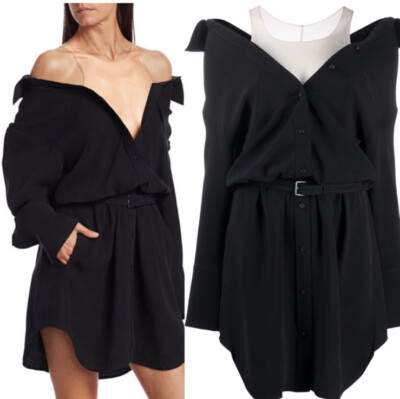 slim fit dress slacks T by Alexander Wang // Blue & White Off Shoulder Layered Shirt Dress – VSP  Consignment main image 0