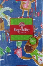 Santa's Reindeer Christmas Party Vinyl Flannel Bk Tablecloth Various Sizes