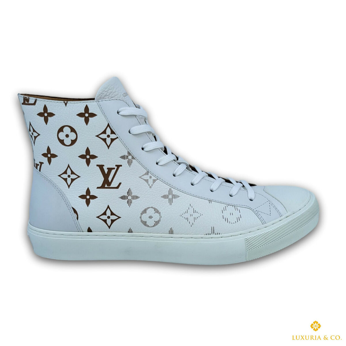 Tênis Louis Vuitton masculino branco monograma tatuagem bota