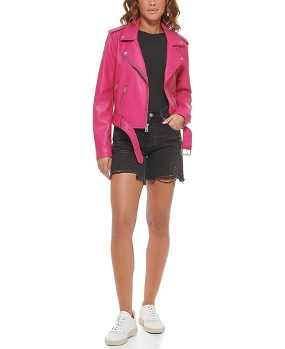 Mujer Chaqueta de Cuero Rosa Genuina Suave Piel de Cordero Motociclista Chaqueta con Cinturón - Imagen 2 de 7