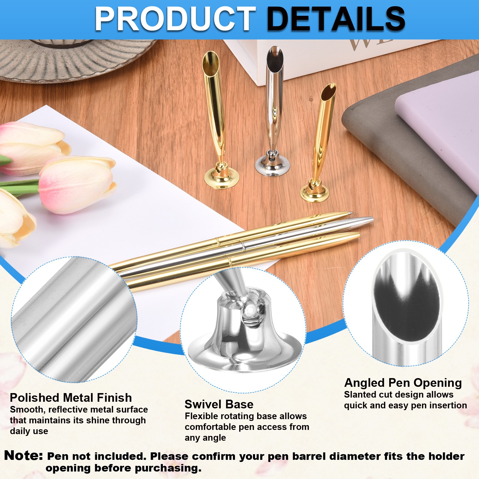 как выглядит 2Pcs Desk Pen Holder, Signing Pen Base Stands Metal Ballpoint Stand, Silver Tone фото